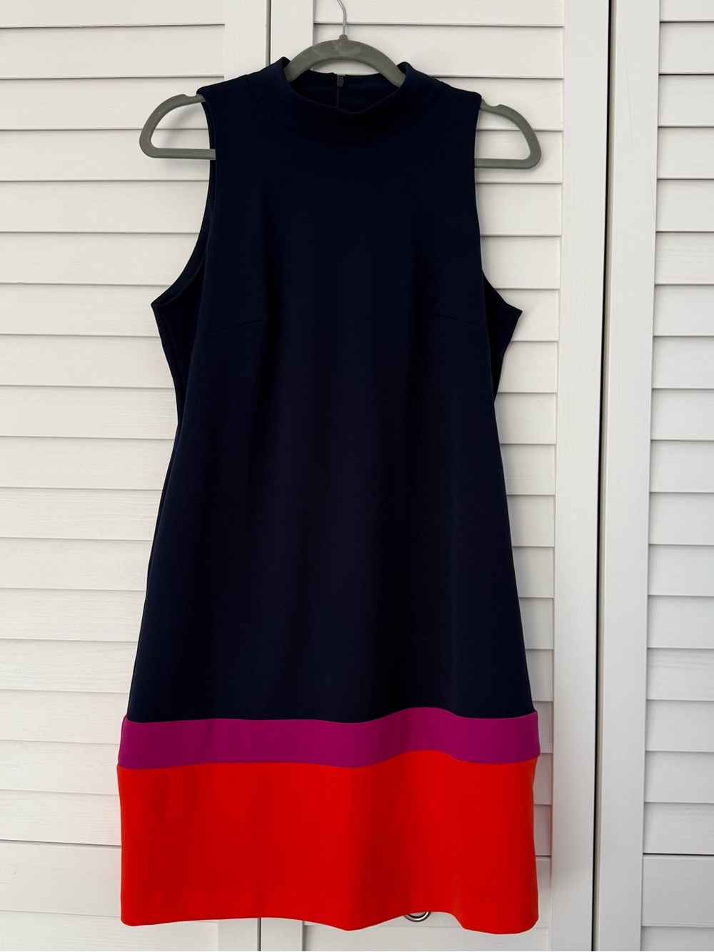 Tahari ASL Navy Shift Dress Pink + Orange Hem, Office, Business, Colorblock